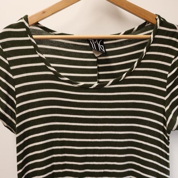 TMG Dress Olive White Stripe Asymmetric Hem Cap Sleeve Round Neck SZ Large - Picture 5 of 12